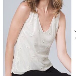 White House Black Market Women's Ivory Sequined Embroidered Top XS